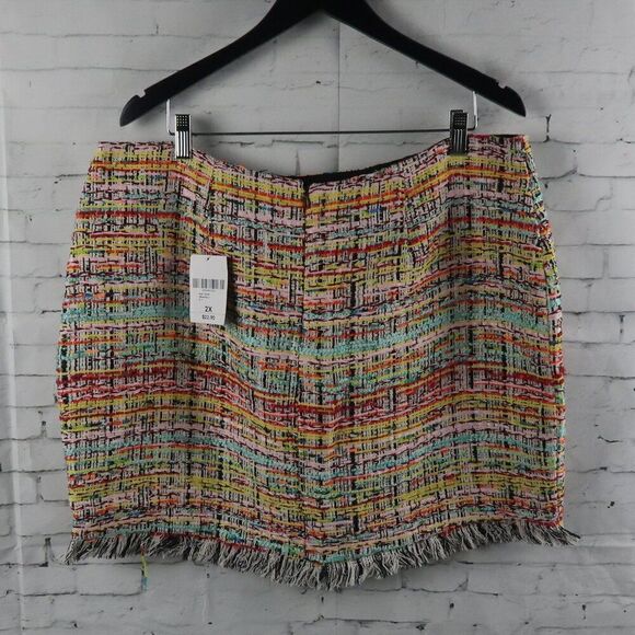 FOREVER 21 MULTI COLOR WOVEN  TWEED MINI SKIRT WITH FRINGE SIZE 2X LINED NWT - Picture 7 of 9